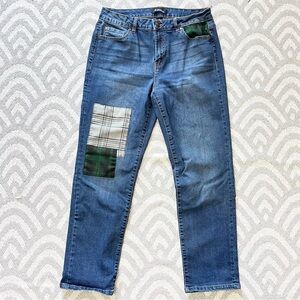 D. JEANS Cropped Green Plaid Patch Blue Denim Jeans 10